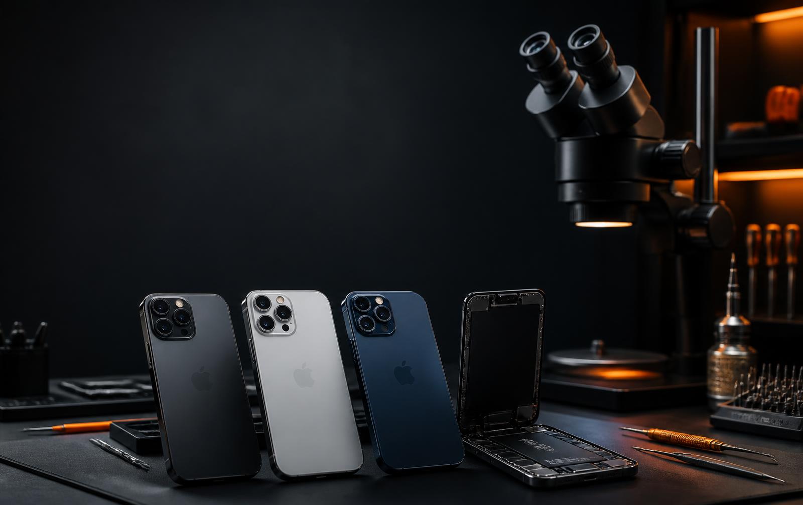 Bancada técnica com smartphones Apple e equipamentos de alta precisão